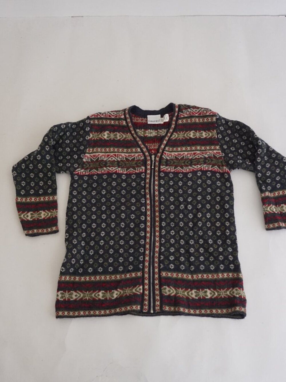Vintage Fashion Bug Fair Isle Nordic Zip Front Ski Lodge Wool Blend Cardigan 14